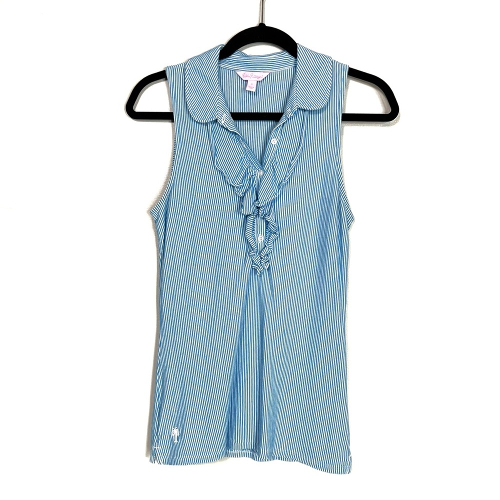 LILLY PULITZER Blue and White Striped Sleeveless Ruffled Collared Drew Polo - Picture 12 of 12